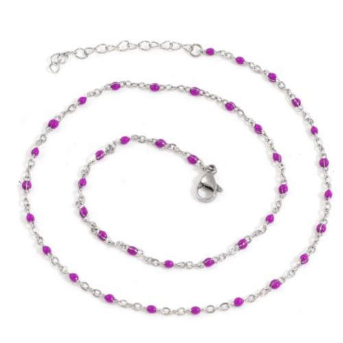 1 collier chaîne fine maille forçat - perle violette - acier inoxydable 304 -  couleur métal argenté - 45 cm - r505