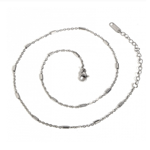 1 collier chaîne fine maille forçat - perle tube - acier inoxydable 304 -  couleur métal argenté - 40 cm - r196