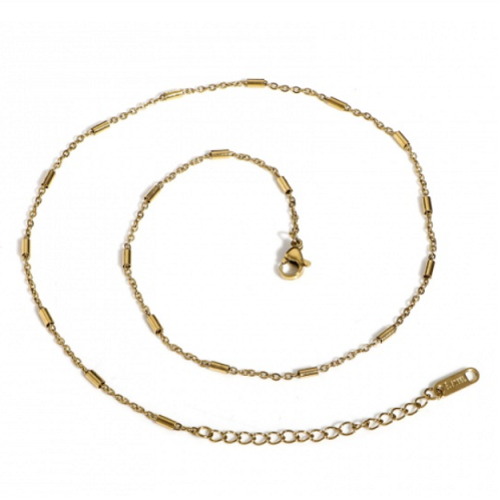 1 collier chaîne fine maille forçat - perle tube - acier inoxydable 304 -  couleur métal doré - 40 cm - r197