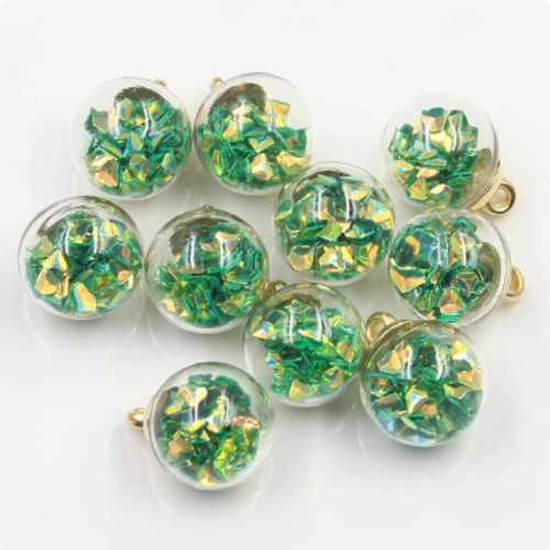 1 breloque globe bulle en verre - paillettes triangles vert - doré - r200