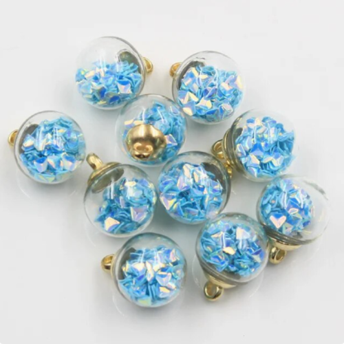 1 breloque globe bulle en verre - paillettes triangles bleu - doré - r203