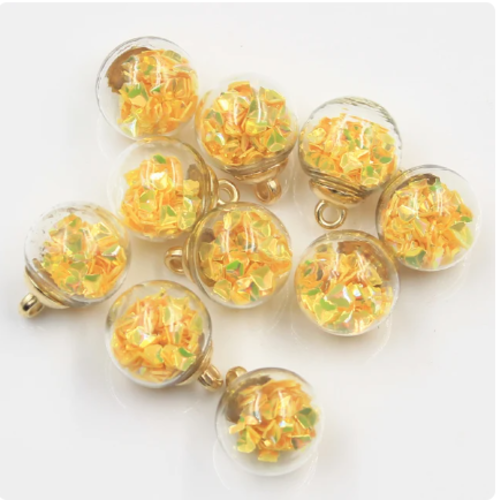 1 breloque globe bulle en verre - paillettes triangles jaune - doré - r204