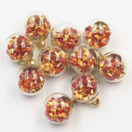 1 breloque globe bulle en verre - paillettes triangles rouge - doré - r207