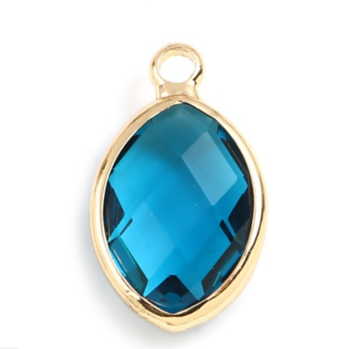 1 breloque - pendentif  marquise - perle en verre  - bleu océan - métal doré - r884