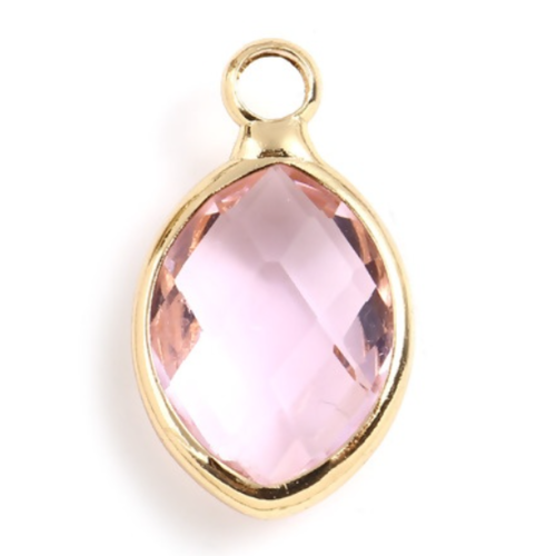 1 breloque - pendentif  marquise - perle en verre - rose - métal doré - r886