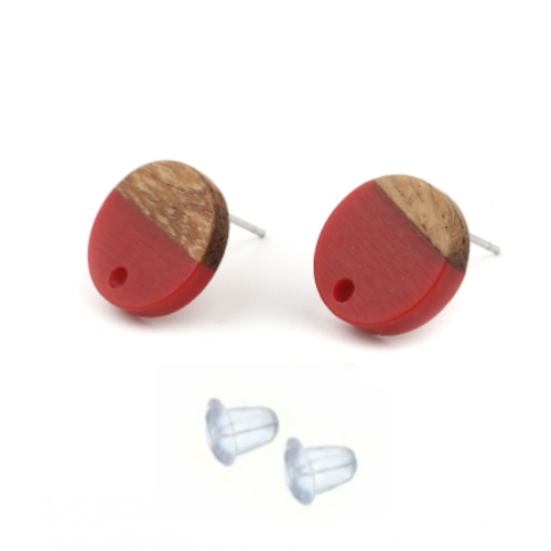 1 paire de boucles d'oreille puce - résine - effet bois - rouge - r875