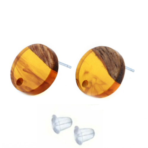 1 paire de boucles d'oreille puce - résine - effet bois - couleur ambre - r877