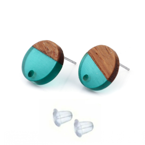 1 paire de boucles d'oreille puce - résine - effet bois - turquoise - r886