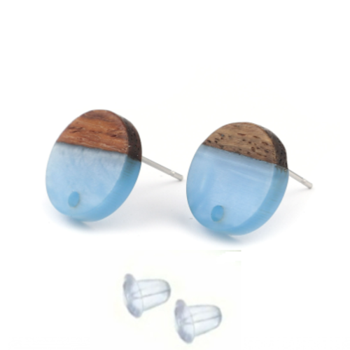 1 paire de boucles d'oreille puce - résine - effet bois - bleu - r876