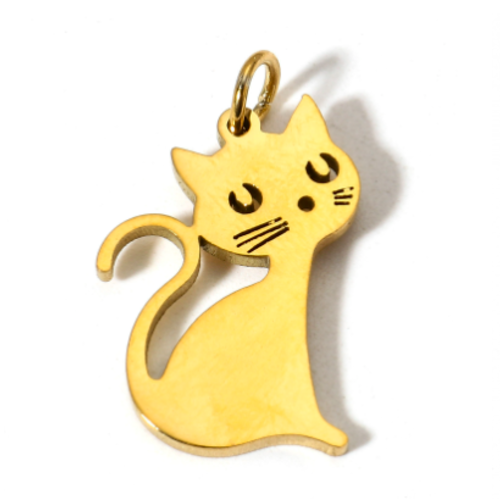 1 pendentif - chat - doré - acier inoxydable 304 - r957