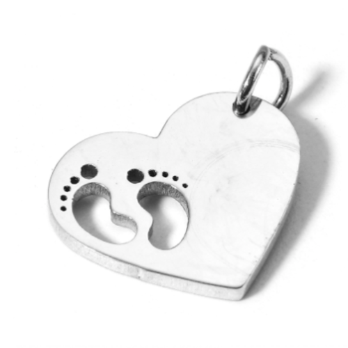 1 pendentif - coeur - empreinte de pied - argenté - acier inoxydable 304 - r982