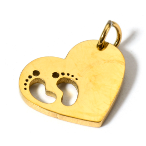 1 pendentif - coeur - empreinte de pied - doré - acier inoxydable 304 - r983