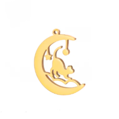 1 breloque pendentif - chat - lune - dorée - acier inoxydable