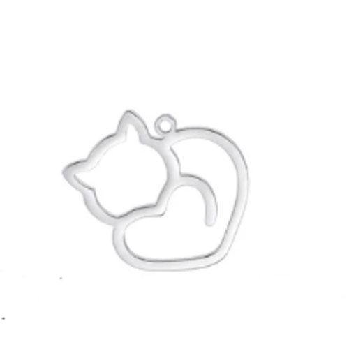 1 breloque pendentif - chat - coeur - argentée - acier inoxydable