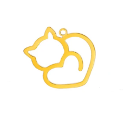 1 breloque pendentif - chat - coeur - dorée - acier inoxydable