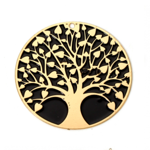 1 pendentif - estampe ronde arbre de vie - emaillé noir et doré- r988
