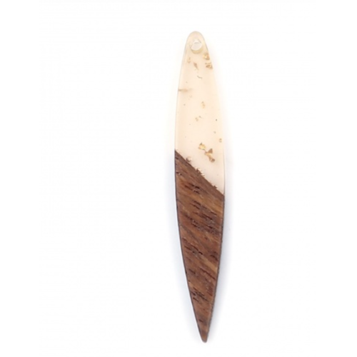 1 pendentif navette marquise - résine transparente incrustée de feuille d'étain et bois - r384