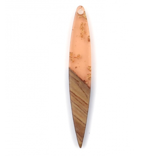 1 pendentif navette marquise - résine orangée incrustée de feuille d'étain et bois - r390