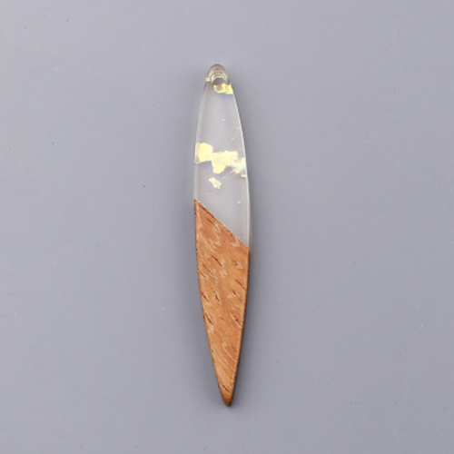 1 pendentif navette marquise - résine transparente incrustée de feuille d'étain et bois - r388