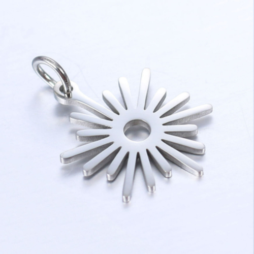 1 pendentif soleil avec anneau de jonction -  acier inoxydable - métal argenté