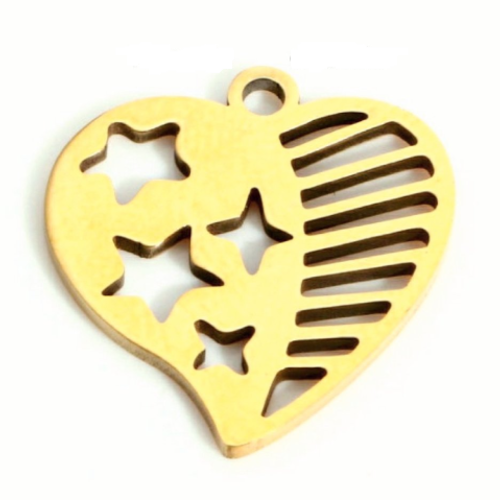 1 pendentif coeur - etoile -  acier inoxydable - métal doré
