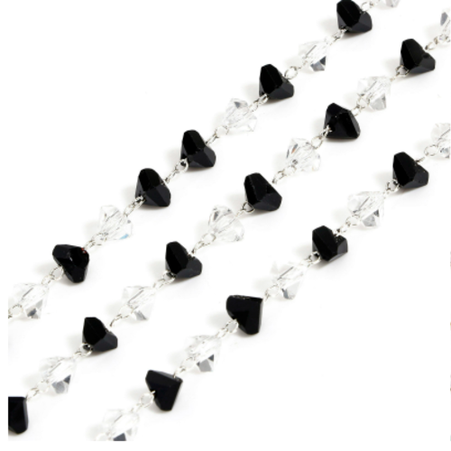 1 m de chaine maille forçat - perle en verre noire -  acier inoxydable - maille bille - r907