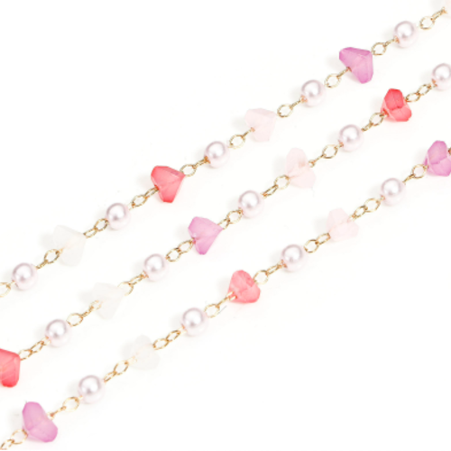 1 m de chaine maille forçat - perle en verre nacrée et rose -  acier inoxydable - maille bille - r912