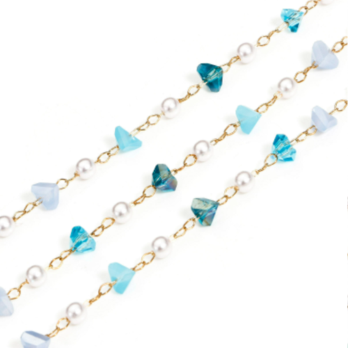 1 m de chaine maille forçat - perle en verre nacrée et bleu -  acier inoxydable - maille bille - r911