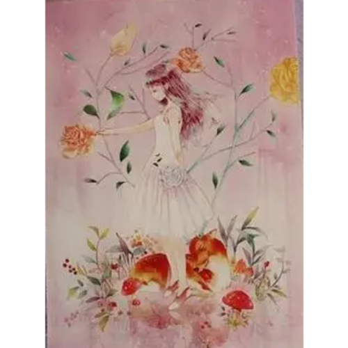 1 coupon tissu / appliqué / vignette - 15 x 20 cm - la femme aux fleurs