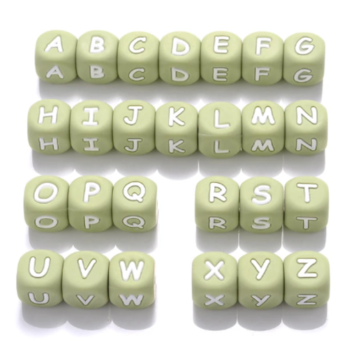 Perle en silicone alphabet - lettre blanche et fond vert - 12 mm