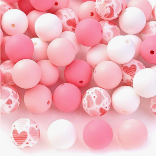 Lot de 4 perles en silicones - 15 mm - tons rose et blanc - r591