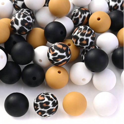 Lot de 4 perles en silicones - 15 mm - tons noir - blanc moutarde et panthère - r592