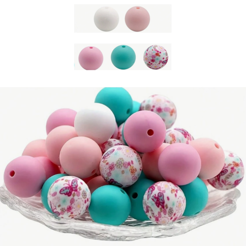 Lot de 5 perles en silicones - 15 mm - tons rose, vert et blanc - r593