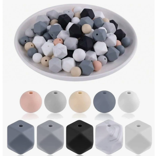 Lot de 10 perles en silicones - tons gris, beige, noir et blanc - r594