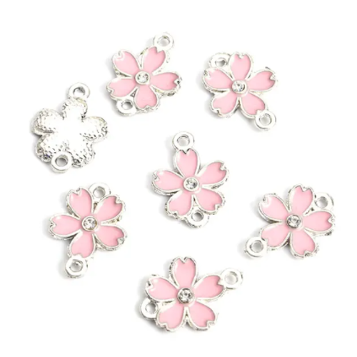1 connecteur - pendentif - fleurs emaillé rose - métal argenté