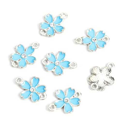 1 connecteur - pendentif - fleurs emaillé bleu - métal argenté