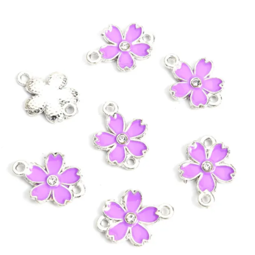 1 connecteur - pendentif - fleurs emaillé violet - métal argenté