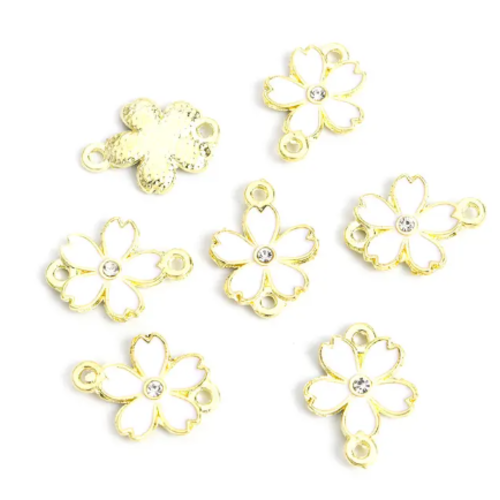 1 connecteur - pendentif - fleurs emaillé blanc - métal doré