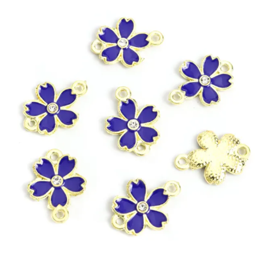 1 connecteur - pendentif - fleurs emaillé bleu marine - métal doré