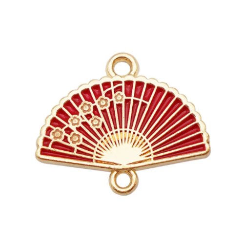 1 connecteur - pendentif - eventail fleur de sakura - emaillé rouge - métal doré