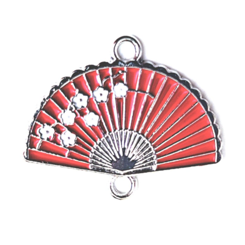 1 connecteur - pendentif - eventail fleur de sakura - emaillé rouge - métal argenté