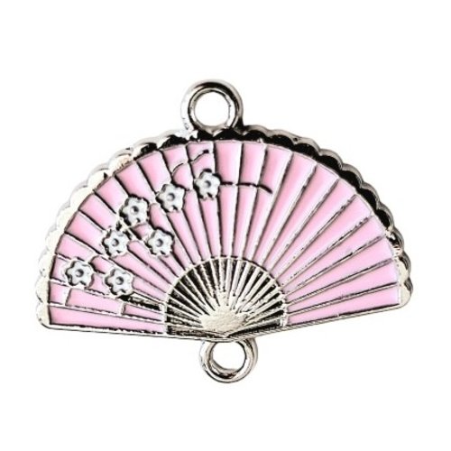 1 connecteur - pendentif - eventail fleur de sakura - emaillé rose - métal argenté