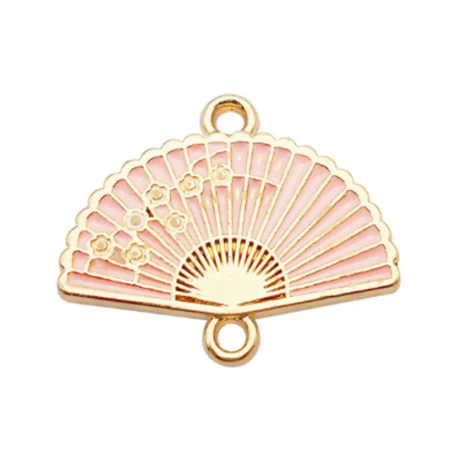 1 connecteur - pendentif - eventail fleur de sakura - emaillé rose - métal doré
