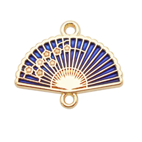 1 connecteur - pendentif - eventail fleur de sakura - emaillé bleu roi - métal doré