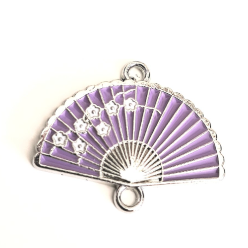 1 connecteur - pendentif - eventail fleur de sakura - emaillé parme - métal argenté