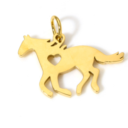 1 breloque - pendentif chevaux - acier inoxydable -  métal doré