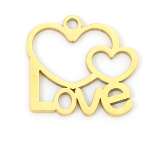 1 breloque - pendentif coeur - love - acier inoxydable -  métal doré