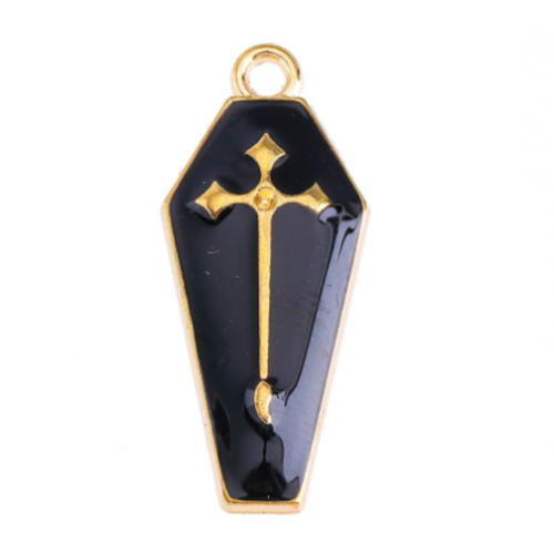 1 breloque - pendentif - halloween cercueil - emaillé noir - métal doré