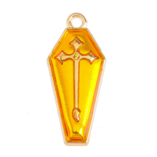 1 breloque - pendentif - halloween cercueil - emaillé jaune - métal doré