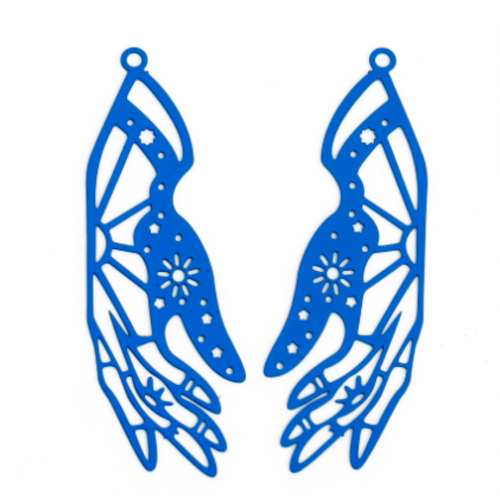2 pendentifs - estampe en filigrane - mains - bleu